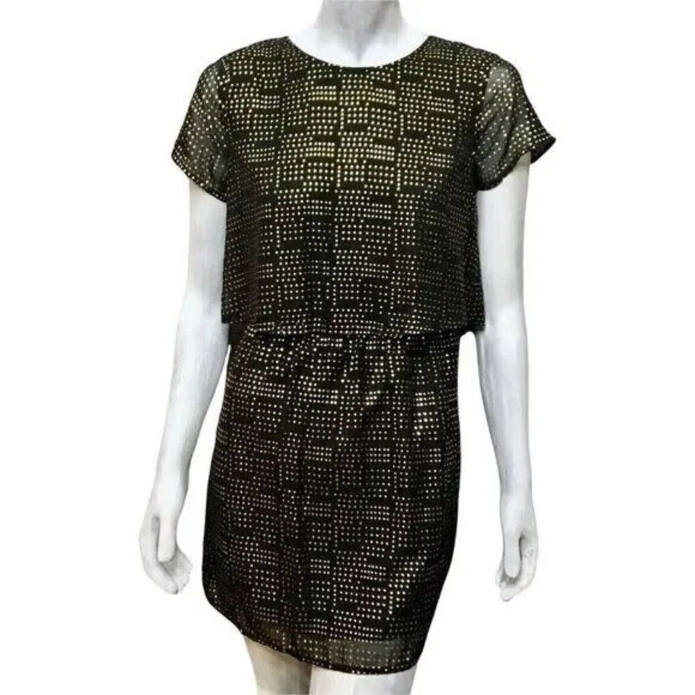 BeBop Womens Black Gold Print Tiered Short Sleeve Crew Neck Party Mini Dress S